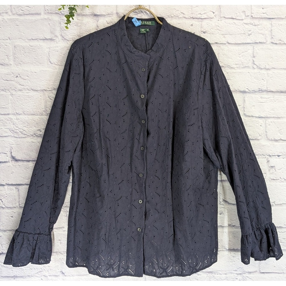 16W PRETTY🌿Lauren Ralph Lauren Eyelet Button Shirt Cotton Cottagecore Boho Top